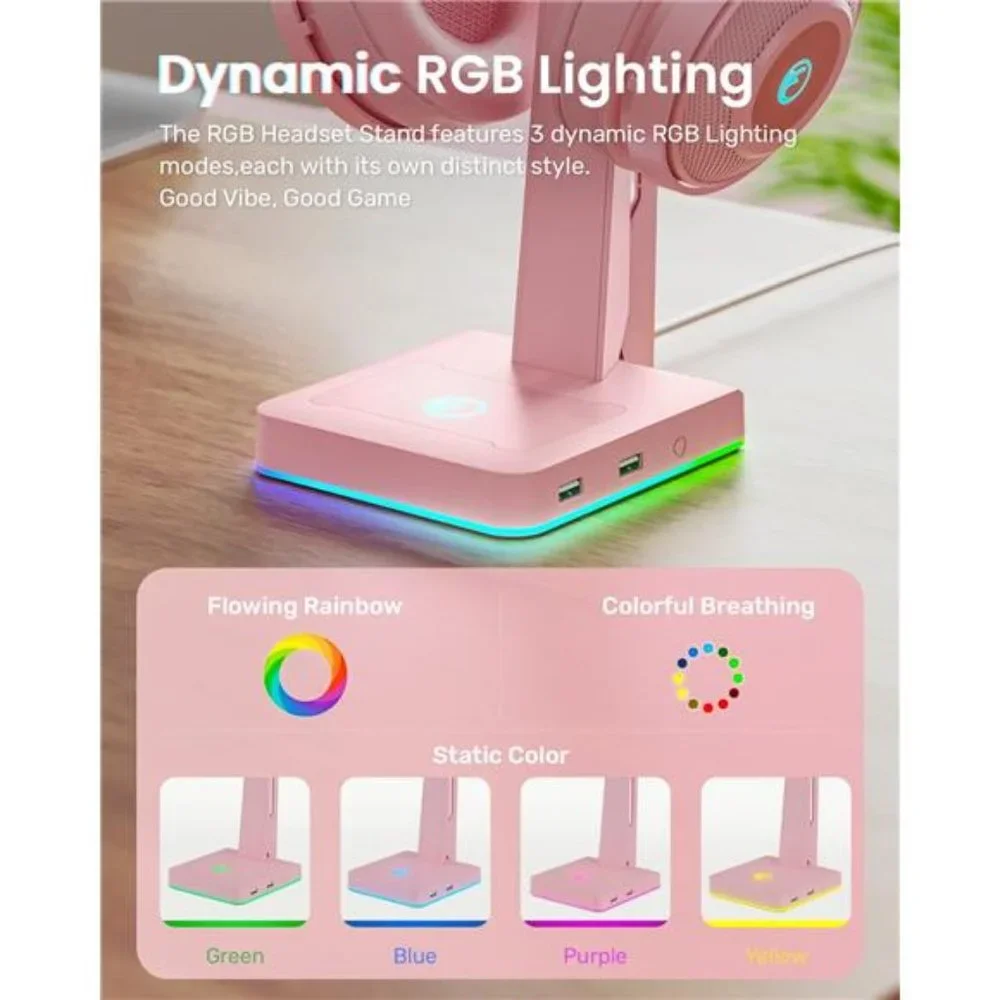 RGB Gaming Headset Stand with 2 USB Ports, Game Headphone Mount for PC, Xbox One